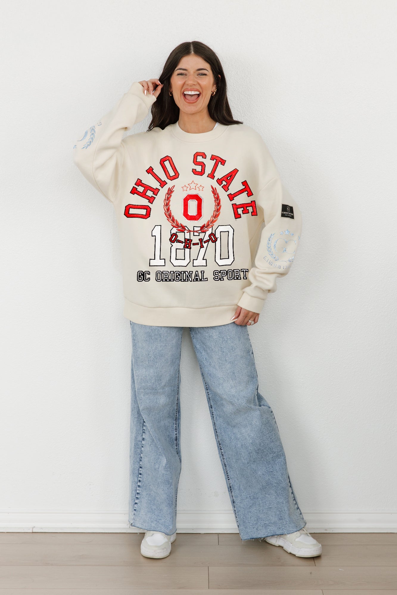 OHIO STATE BUCKEYES GAMEDAY SLAY BLACK LABEL PREMIUM FLEECE DROP SHOULDER CREWNECK BY MADI PREWETT TROUTT