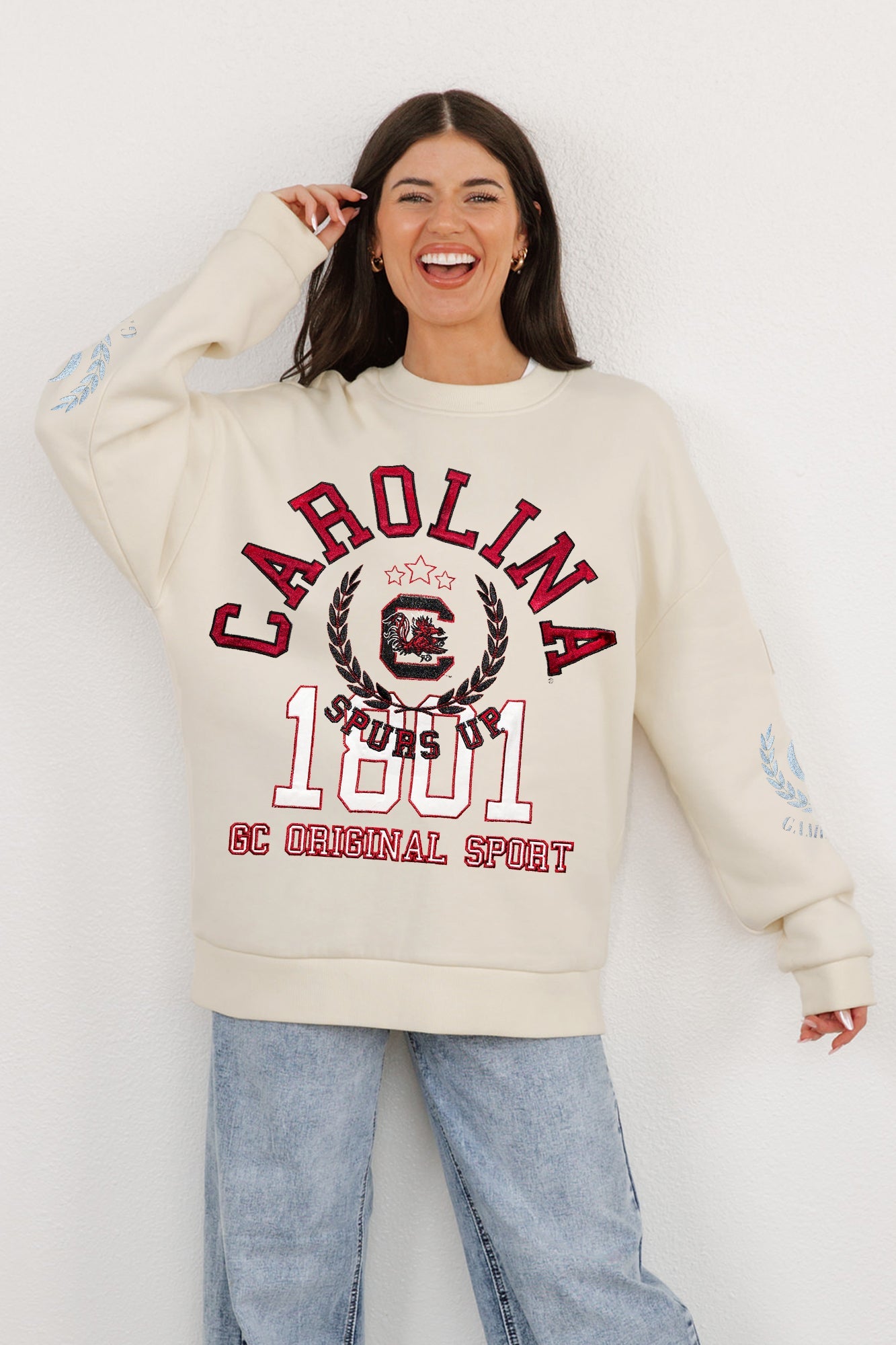 SOUTH CAROLINA GAMECOCKS GAMEDAY SLAY BLACK LABEL PREMIUM FLEECE DROP SHOULDER CREWNECK BY MADI PREWETT TROUTT