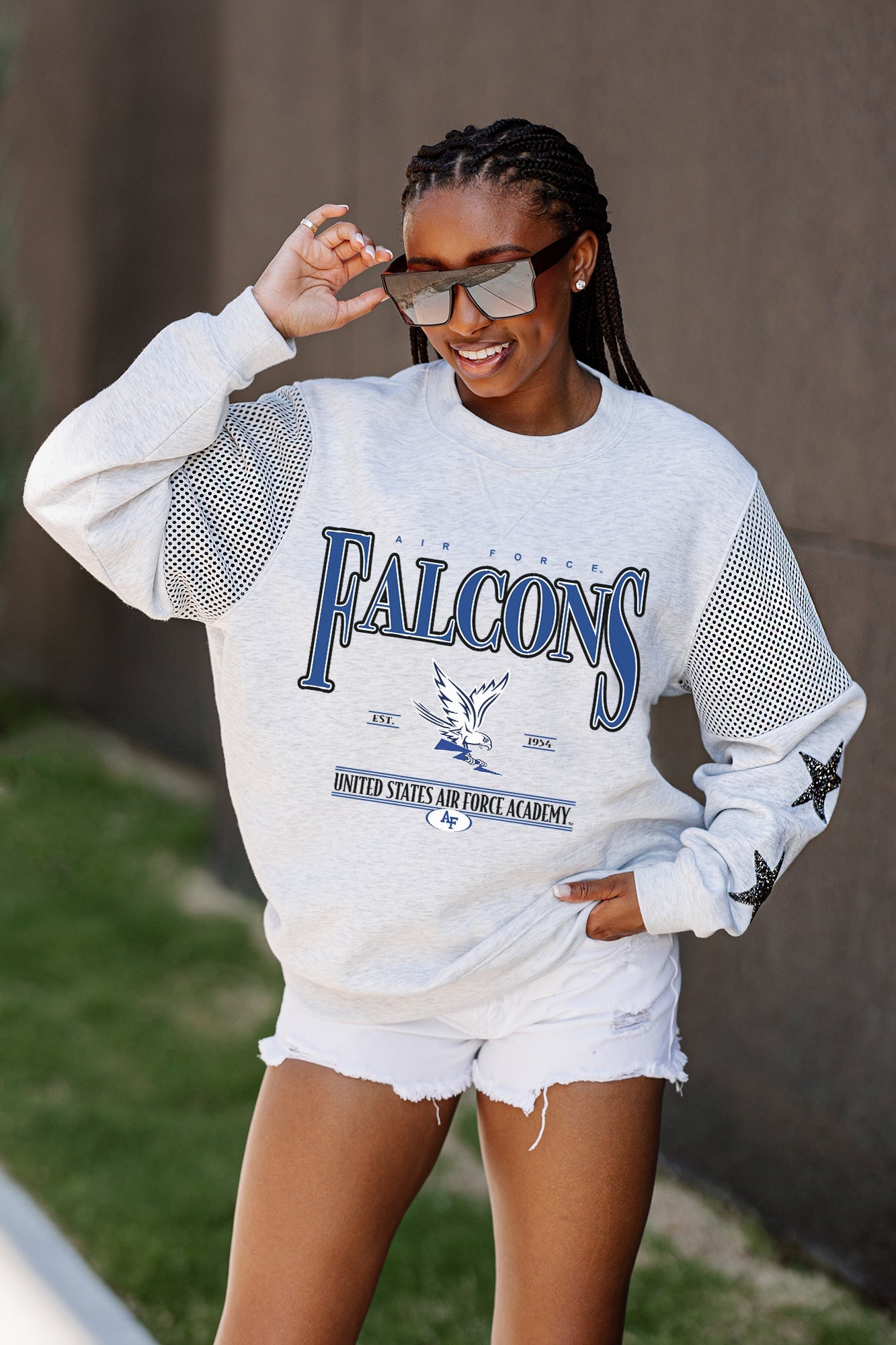 AIR FORCE FALCONS SHINING SPIRIT CREWNECK FLEECE WITH JERSEY MESH CONTRASTING SHOULDER INSERT AND RIBBED CUFFS AND WAISTBAND