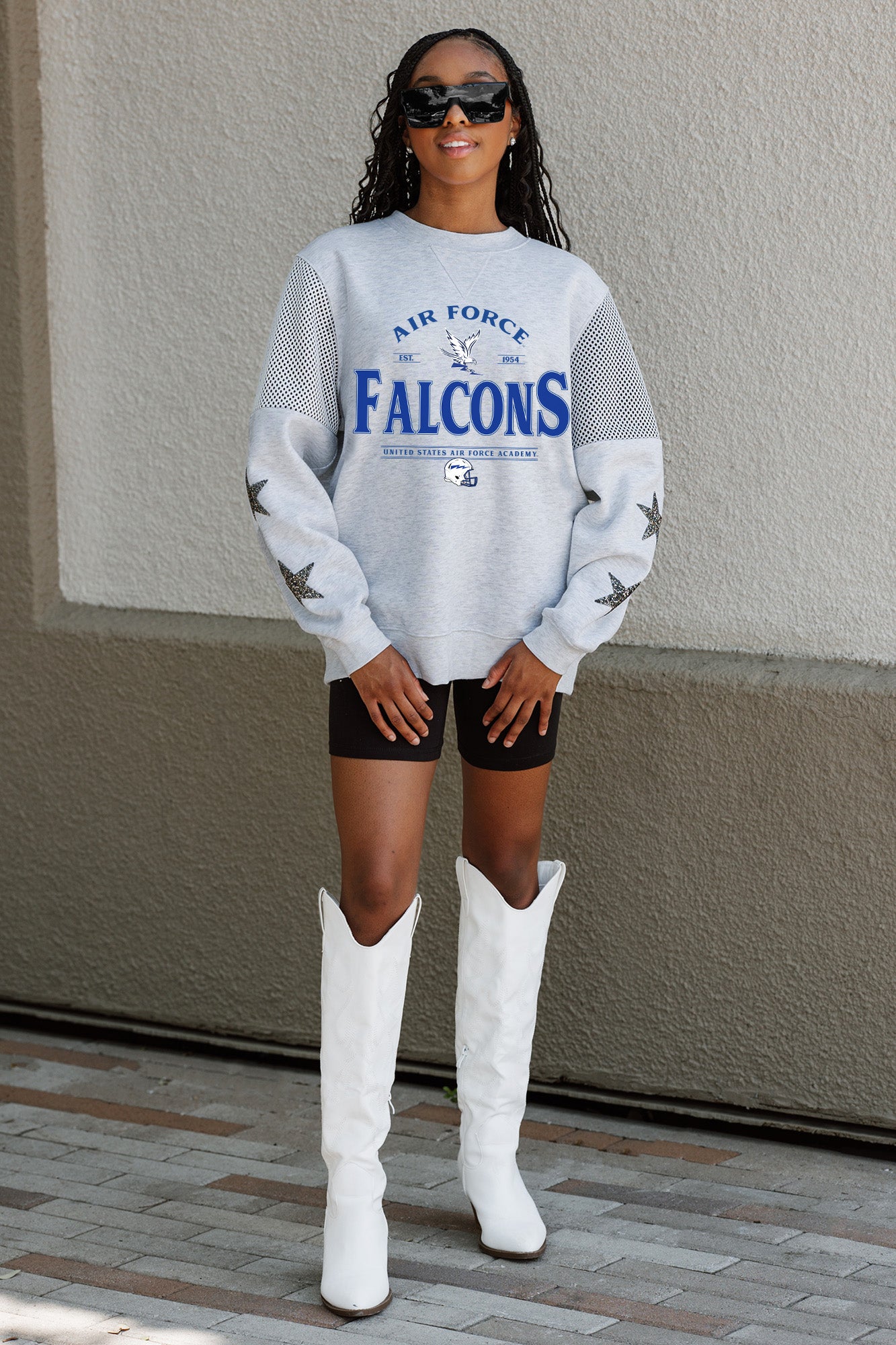 AIR FORCE FALCONS SWEET MOVES CREWNECK FLEECE WITH JERSEY MESH CONTRASTING SHOULDER INSERT