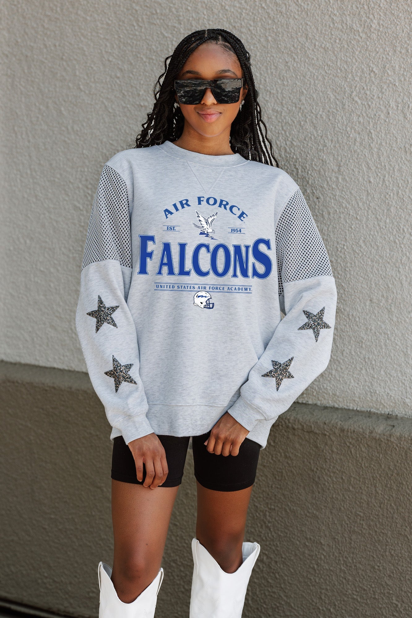 AIR FORCE FALCONS SWEET MOVES CREWNECK FLEECE WITH JERSEY MESH CONTRASTING SHOULDER INSERT