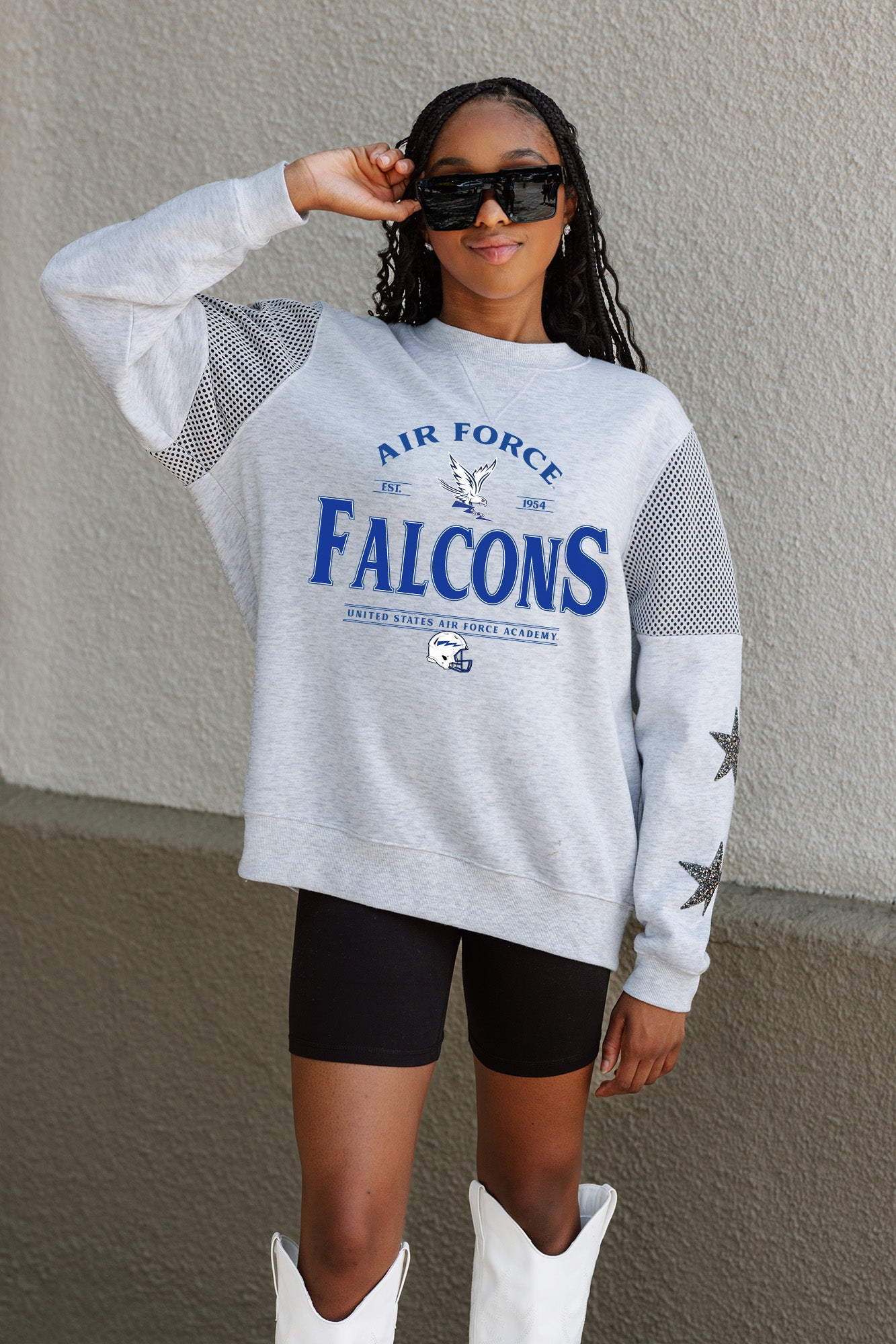 AIR FORCE FALCONS SWEET MOVES CREWNECK FLEECE WITH JERSEY MESH CONTRASTING SHOULDER INSERT