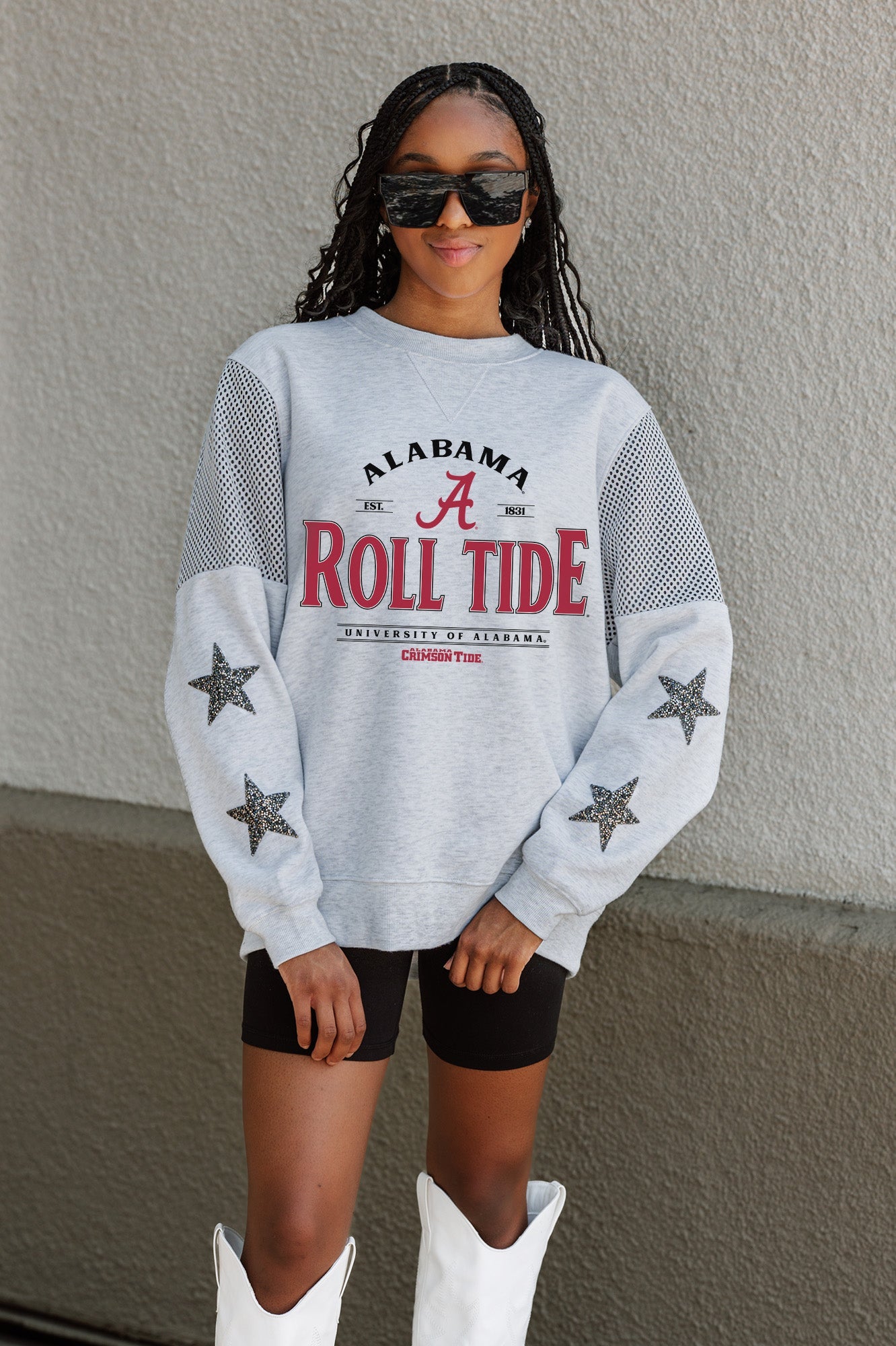 ALABAMA CRIMSON TIDE SWEET MOVES CREWNECK FLEECE WITH JERSEY MESH CONTRASTING SHOULDER INSERT