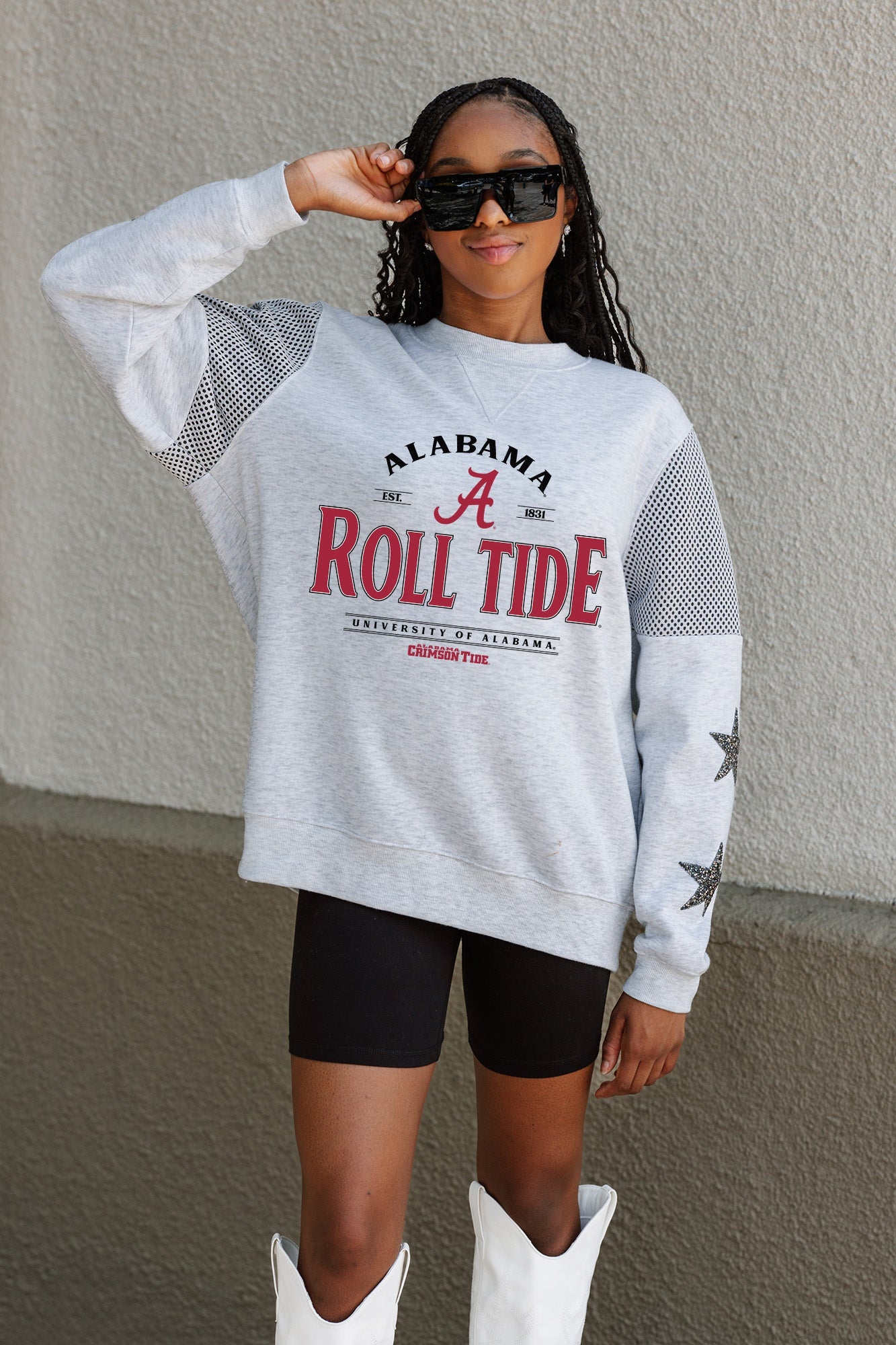 ALABAMA CRIMSON TIDE SWEET MOVES CREWNECK FLEECE WITH JERSEY MESH CONTRASTING SHOULDER INSERT