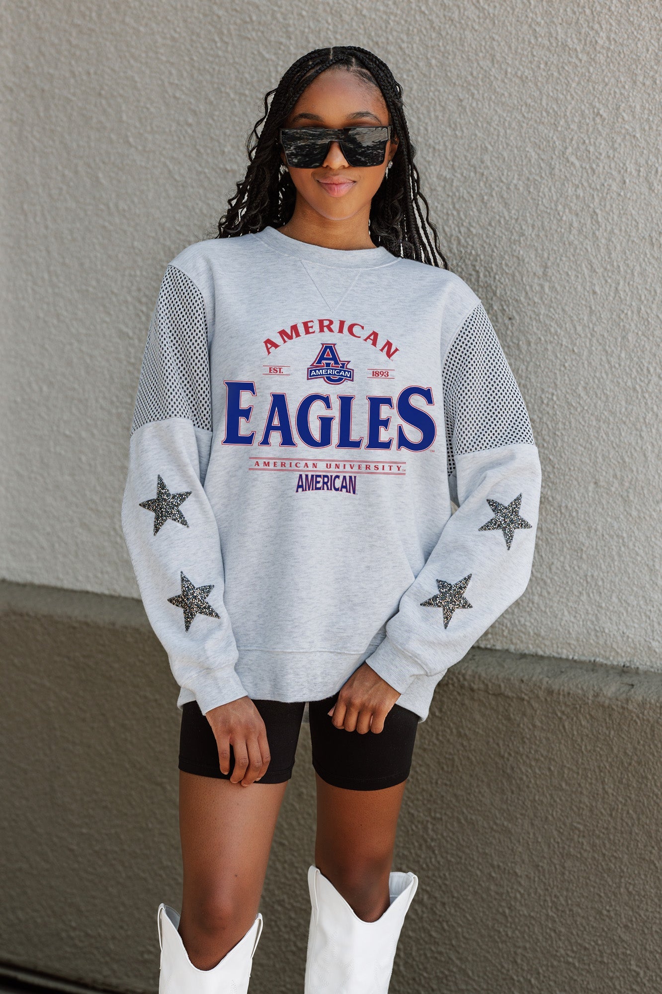 AMERICAN UNIVERSITY EAGLES SWEET MOVES CREWNECK FLEECE WITH JERSEY MESH CONTRASTING SHOULDER INSERT