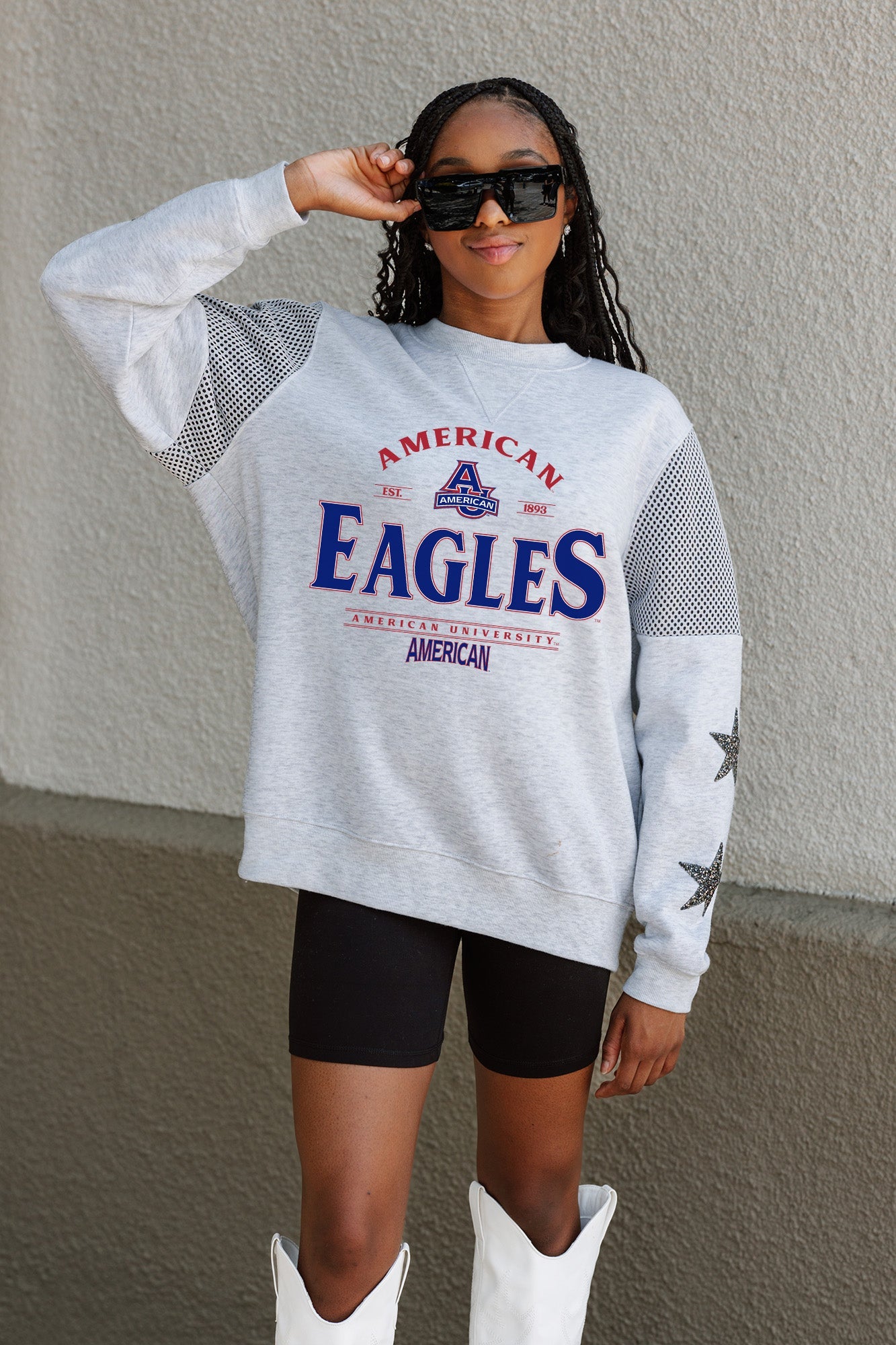 AMERICAN UNIVERSITY EAGLES SWEET MOVES CREWNECK FLEECE WITH JERSEY MESH CONTRASTING SHOULDER INSERT