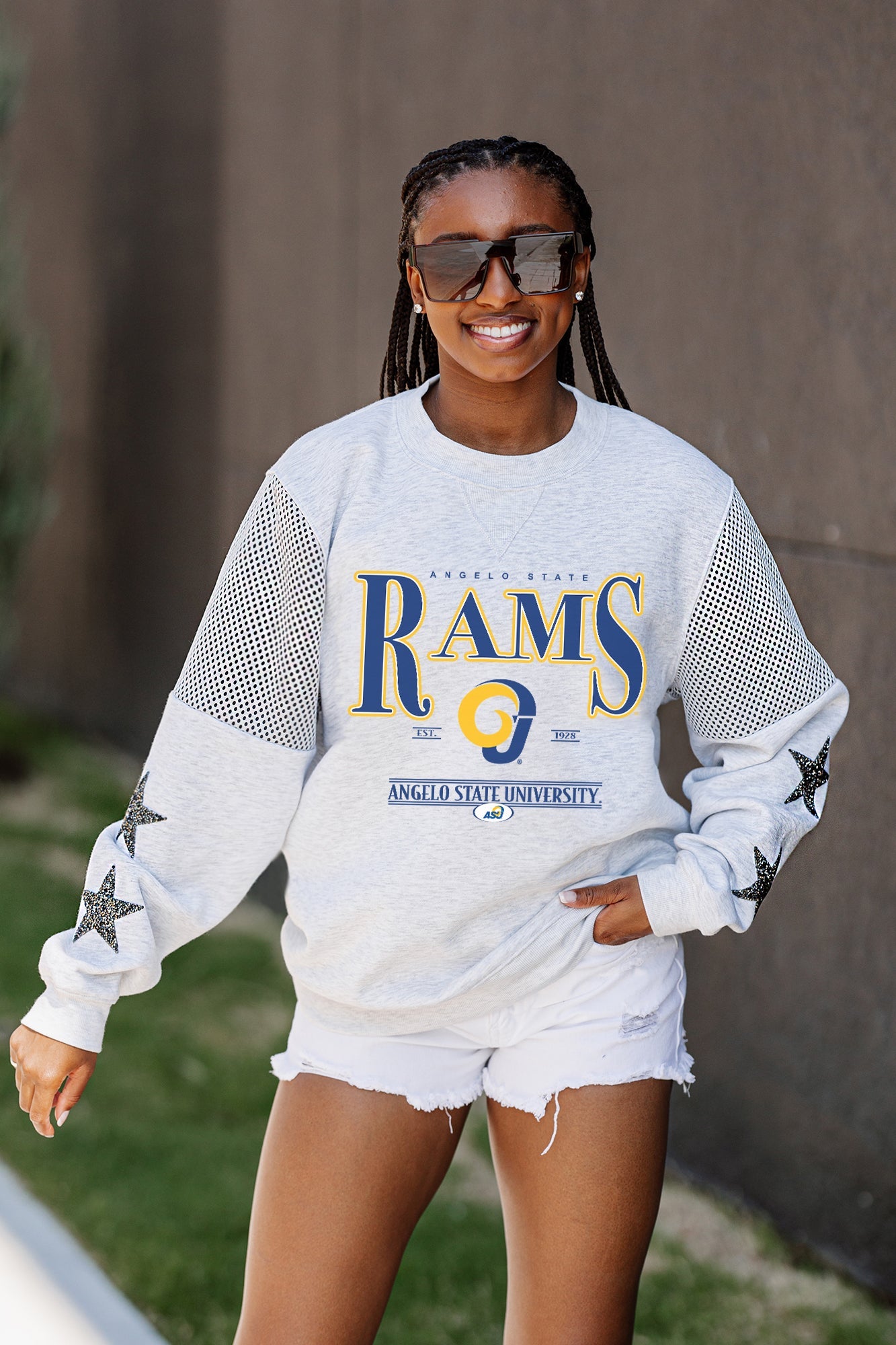 ANGELO STATE RAMS SHINING SPIRIT CREWNECK FLEECE WITH JERSEY MESH CONTRASTING SHOULDER INSERT AND RIBBED CUFFS AND WAISTBAND