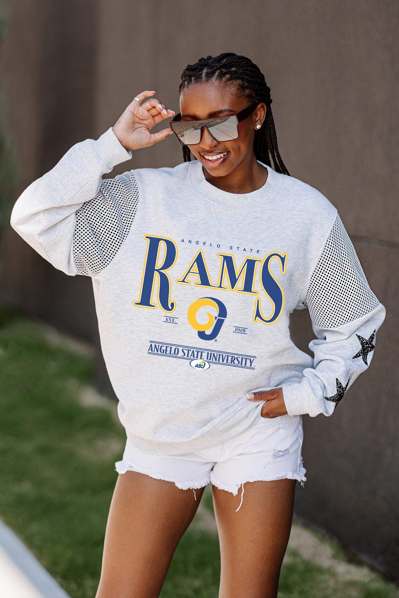 ANGELO STATE RAMS SHINING SPIRIT CREWNECK FLEECE WITH JERSEY MESH CONTRASTING SHOULDER INSERT AND RIBBED CUFFS AND WAISTBAND