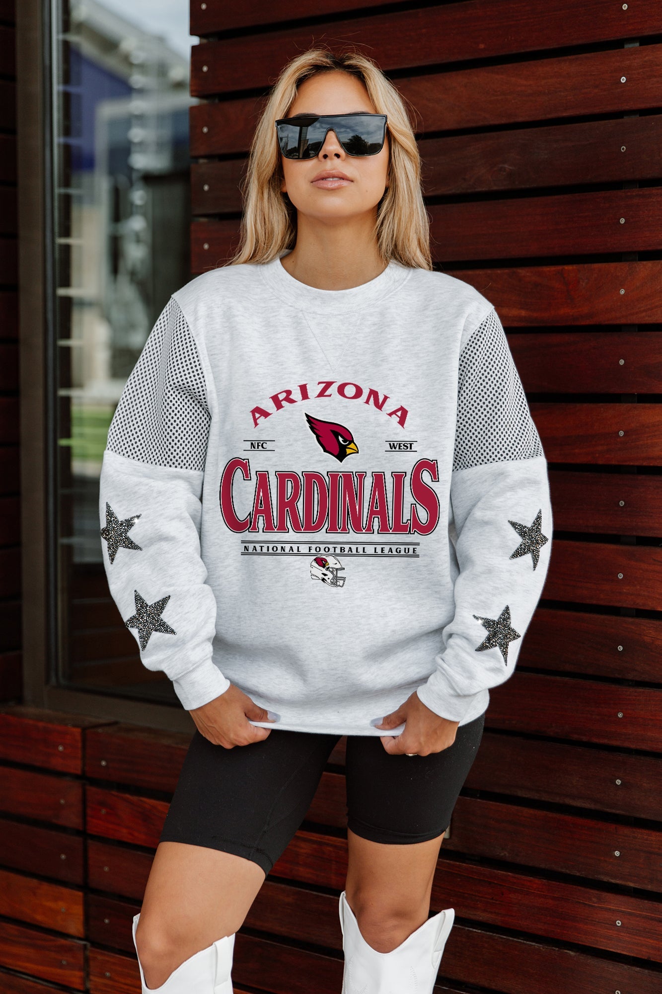 ARIZONA CARDINALS SWEET MOVES CREWNECK FLEECE WITH JERSEY MESH CONTRASTING SHOULDER INSERT