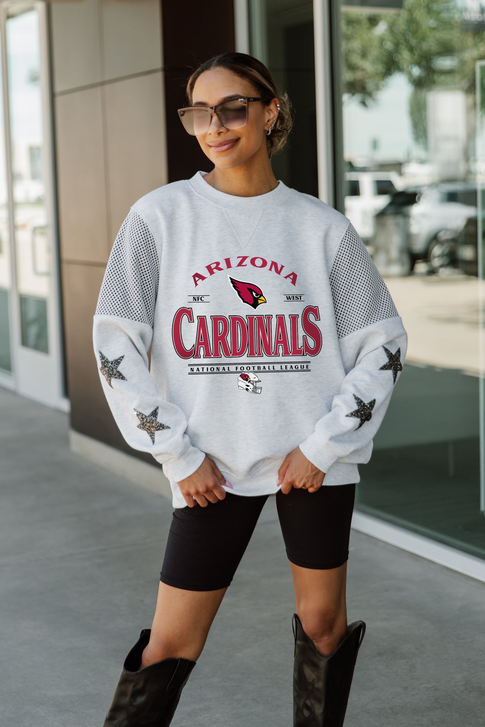 ARIZONA CARDINALS SWEET MOVES CREWNECK FLEECE WITH JERSEY MESH CONTRASTING SHOULDER INSERT