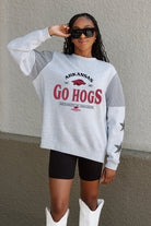 ARKANSAS RAZORBACKS SWEET MOVES CREWNECK FLEECE WITH JERSEY MESH CONTRASTING SHOULDER INSERT