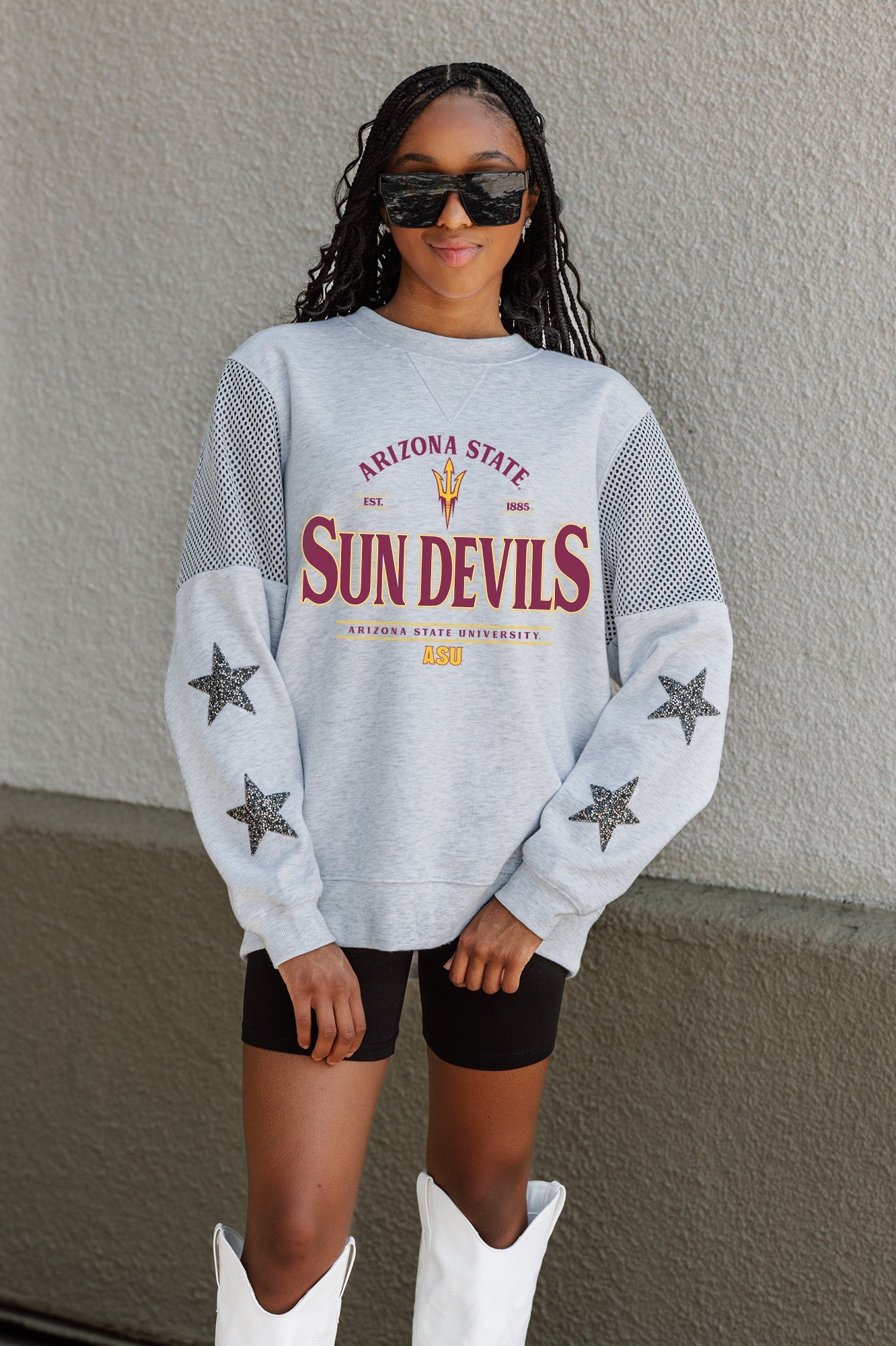 ARIZONA STATE SUN DEVILS SWEET MOVES CREWNECK FLEECE WITH JERSEY MESH CONTRASTING SHOULDER INSERT