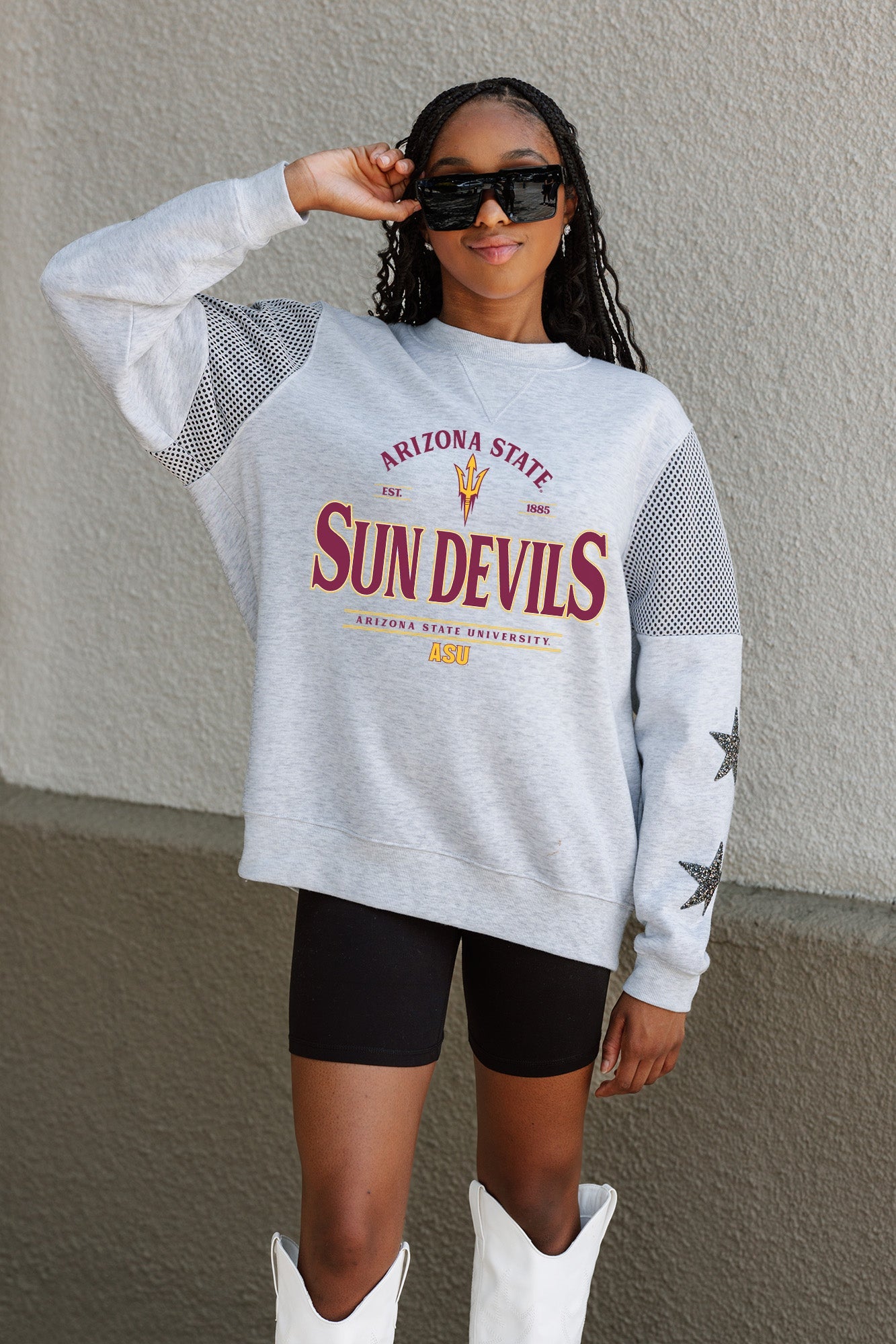 ARIZONA STATE SUN DEVILS SWEET MOVES CREWNECK FLEECE WITH JERSEY MESH CONTRASTING SHOULDER INSERT