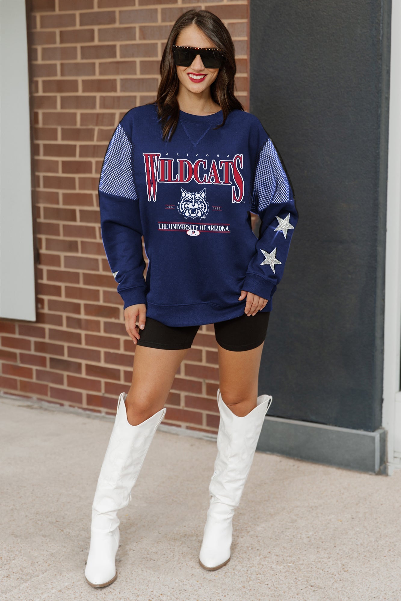 ARIZONA WILDCATS SHINING SPIRIT CREWNECK FLEECE WITH JERSEY MESH CONTRASTING SHOULDER INSERT AND RIBBED CUFFS AND WAISTBAND