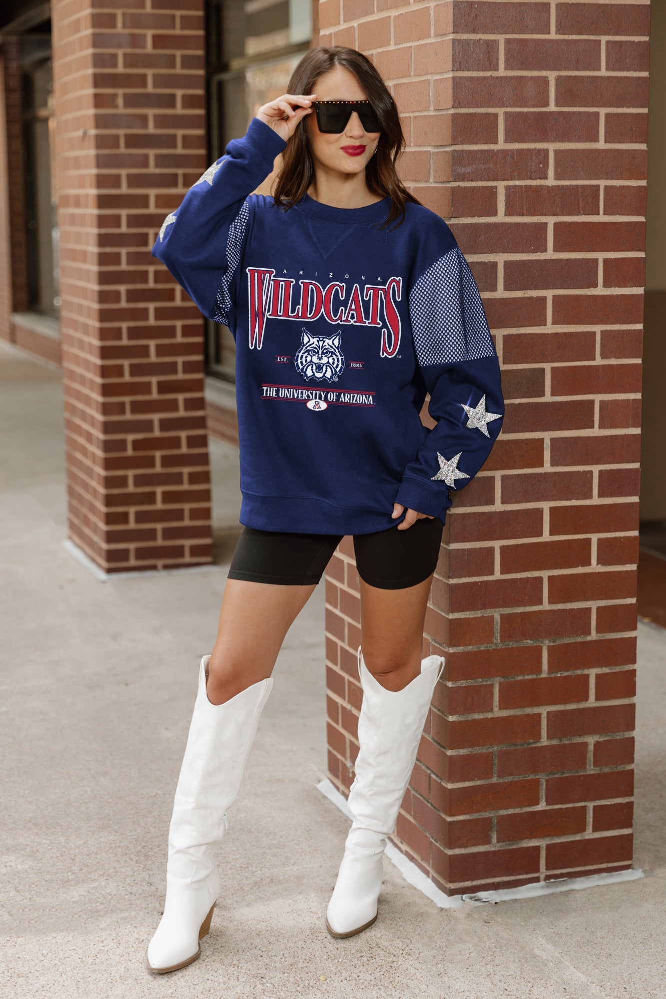 ARIZONA WILDCATS SHINING SPIRIT CREWNECK FLEECE WITH JERSEY MESH CONTRASTING SHOULDER INSERT AND RIBBED CUFFS AND WAISTBAND