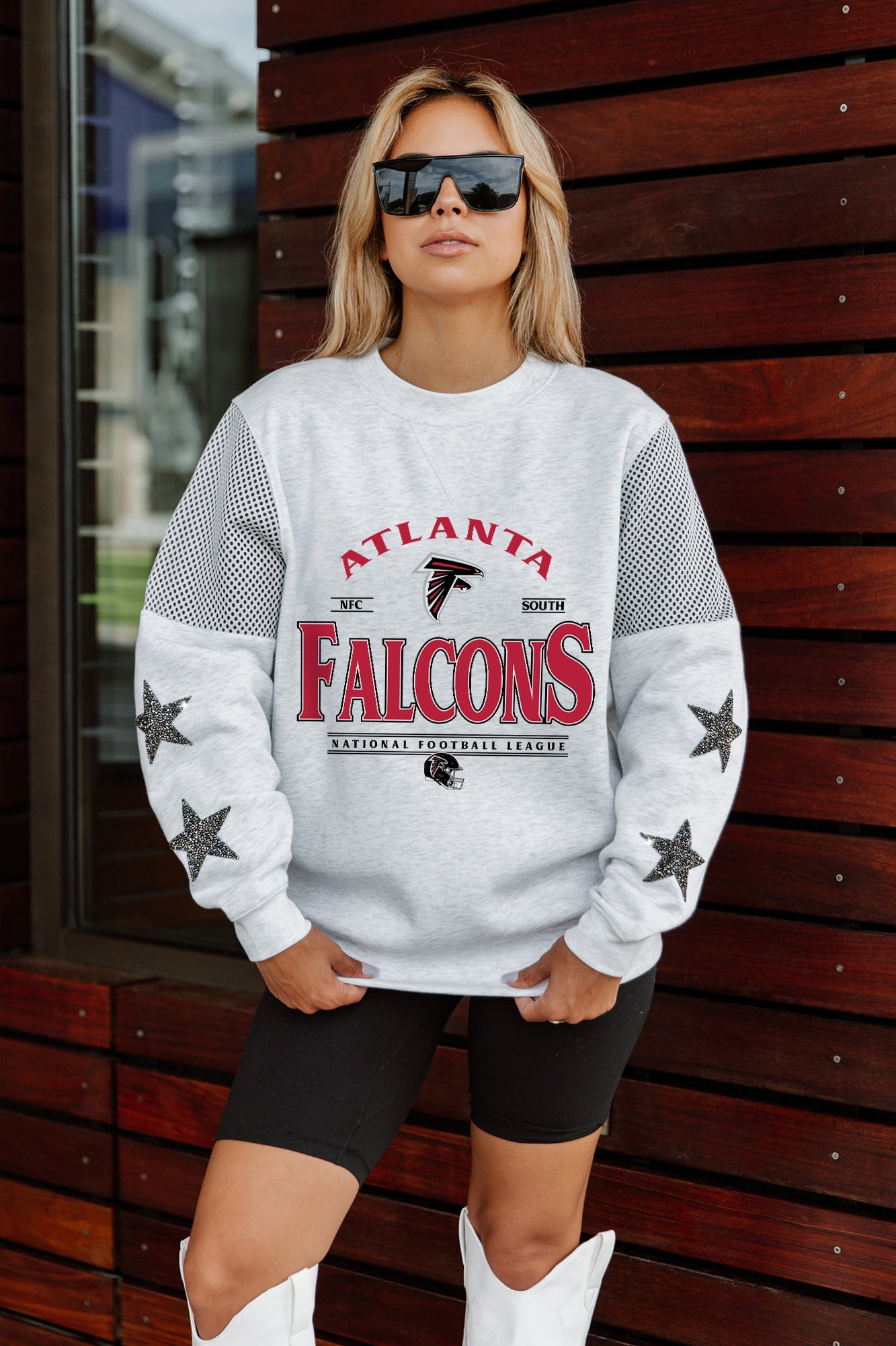 ATLANTA FALCONS SWEET MOVES CREWNECK FLEECE WITH JERSEY MESH CONTRASTING SHOULDER INSERT