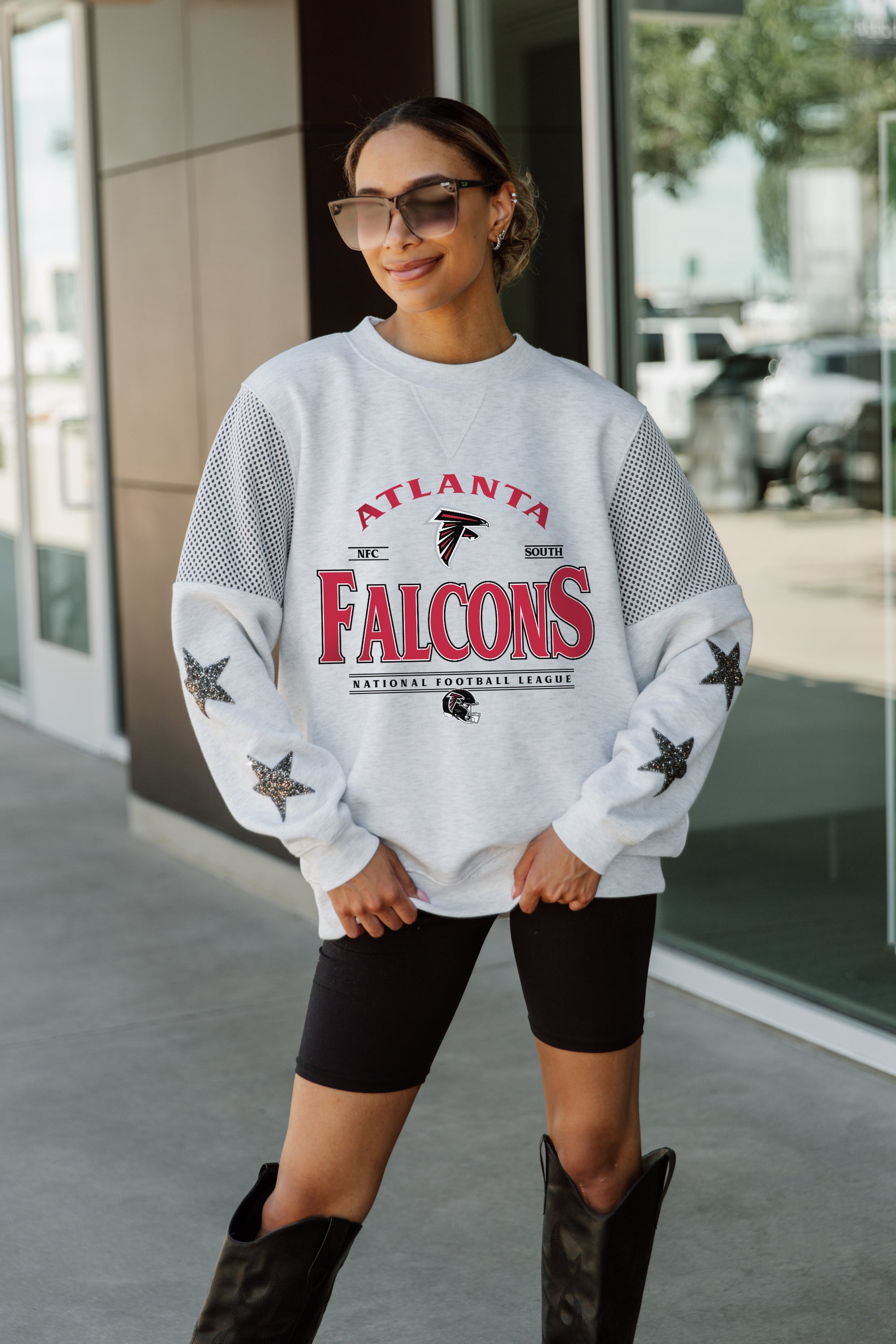 ATLANTA FALCONS SWEET MOVES CREWNECK FLEECE WITH JERSEY MESH CONTRASTING SHOULDER INSERT