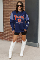 AUBURN TIGERS SHINING SPIRIT CREWNECK FLEECE WITH JERSEY MESH CONTRASTING SHOULDER INSERT AND RIBBED CUFFS AND WAISTBAND