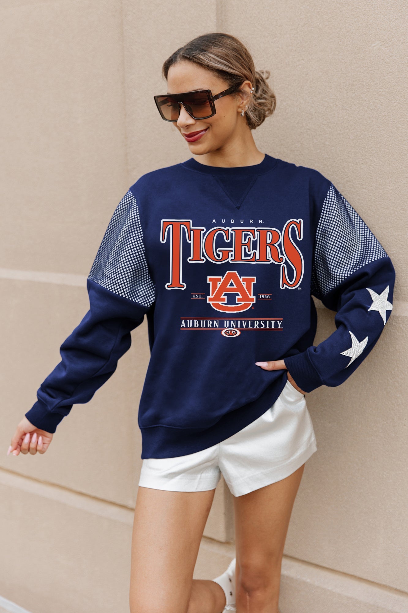 AUBURN TIGERS SHINING SPIRIT CREWNECK FLEECE WITH JERSEY MESH CONTRASTING SHOULDER INSERT AND RIBBED CUFFS AND WAISTBAND