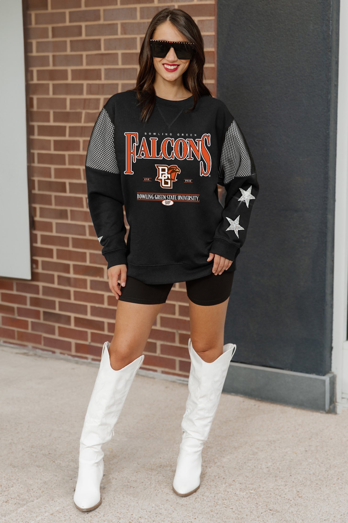 BOWLING GREEN FALCONS SHINING SPIRIT CREWNECK FLEECE WITH JERSEY MESH CONTRAST SHOULDER SWEATSHIRT