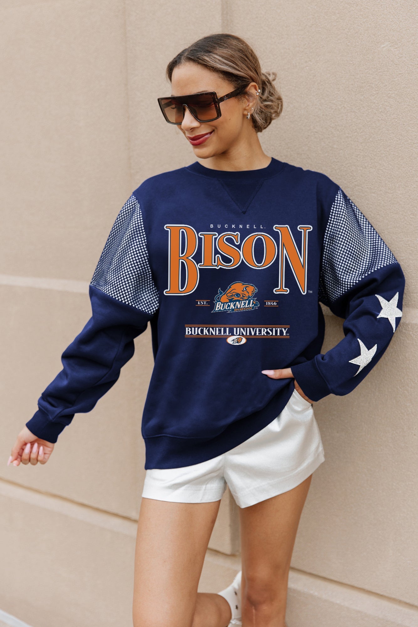 BUCKNELL BISON SHINING SPIRIT CREWNECK FLEECE WITH JERSEY MESH CONTRASTING SHOULDER INSERT AND RIBBED CUFFS AND WAISTBAND