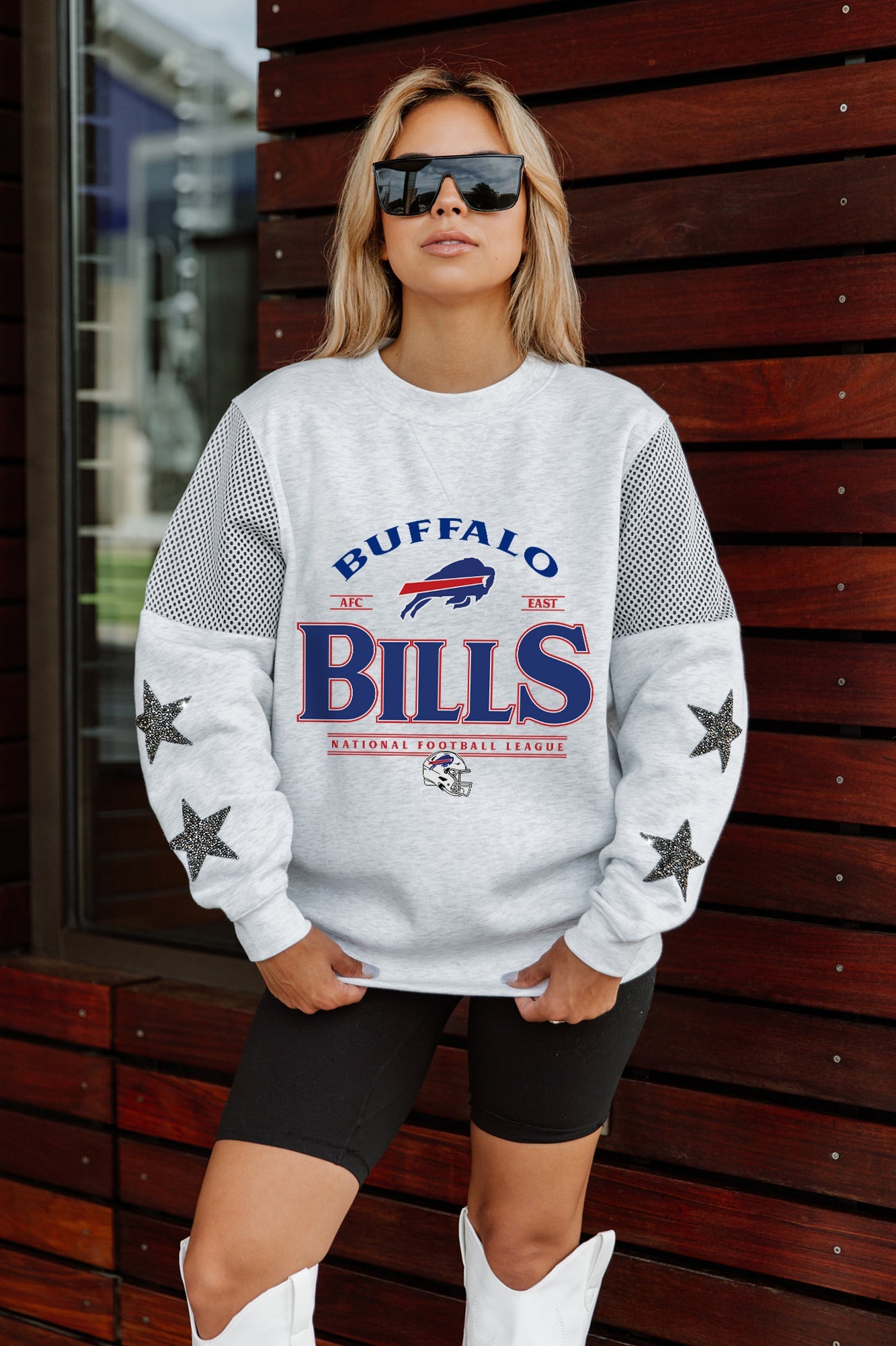 BUFFALO BILLS SWEET MOVES CREWNECK FLEECE WITH JERSEY MESH CONTRASTING SHOULDER INSERT