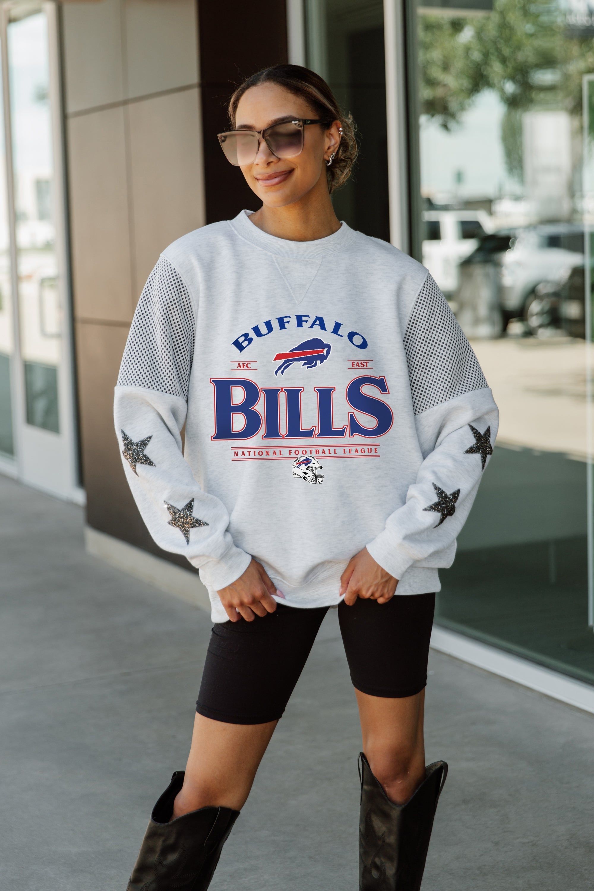 BUFFALO BILLS SWEET MOVES CREWNECK FLEECE WITH JERSEY MESH CONTRASTING SHOULDER INSERT