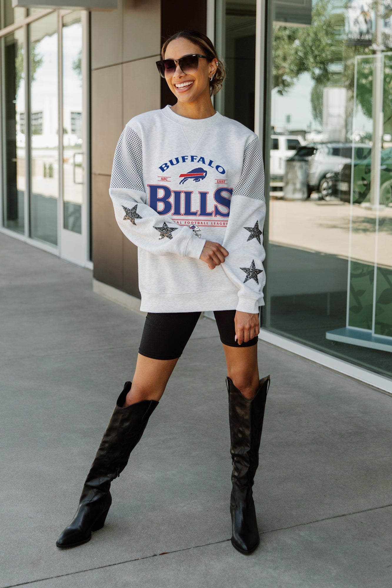 BUFFALO BILLS SWEET MOVES CREWNECK FLEECE WITH JERSEY MESH CONTRASTING SHOULDER INSERT