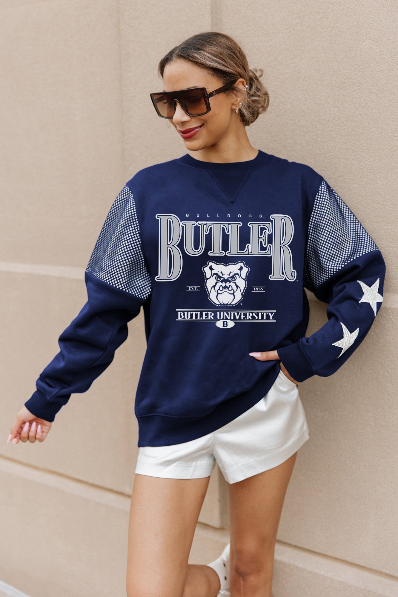 BUTLER BULLDOGS SHINING SPIRIT CREWNECK FLEECE WITH JERSEY MESH CONTRASTING SHOULDER INSERT AND RIBBED CUFFS AND WAISTBAND