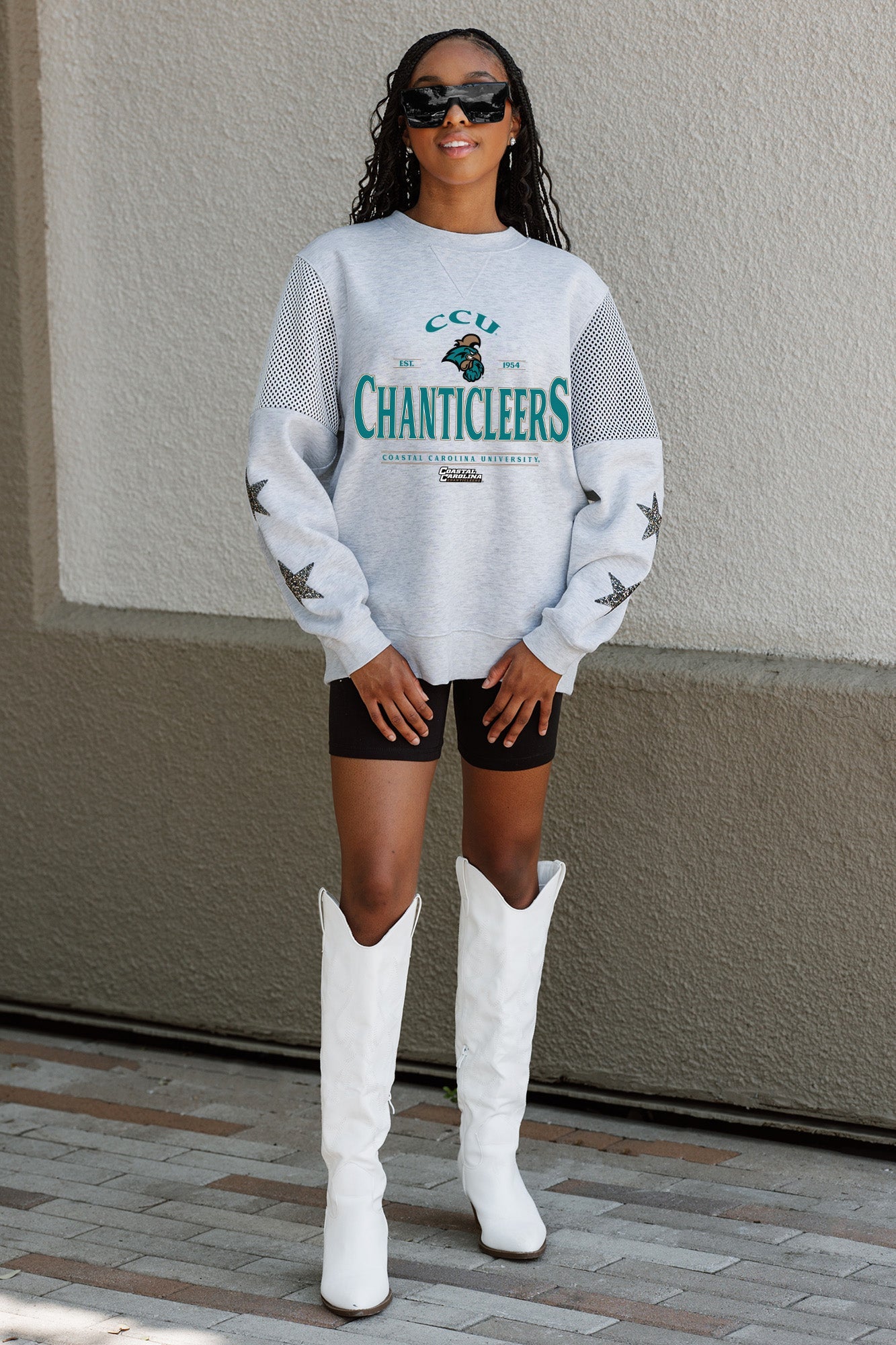 COASTAL CAROLINA CHANTICLEERS SWEET MOVES CREWNECK FLEECE WITH JERSEY MESH CONTRASTING SHOULDER INSERT