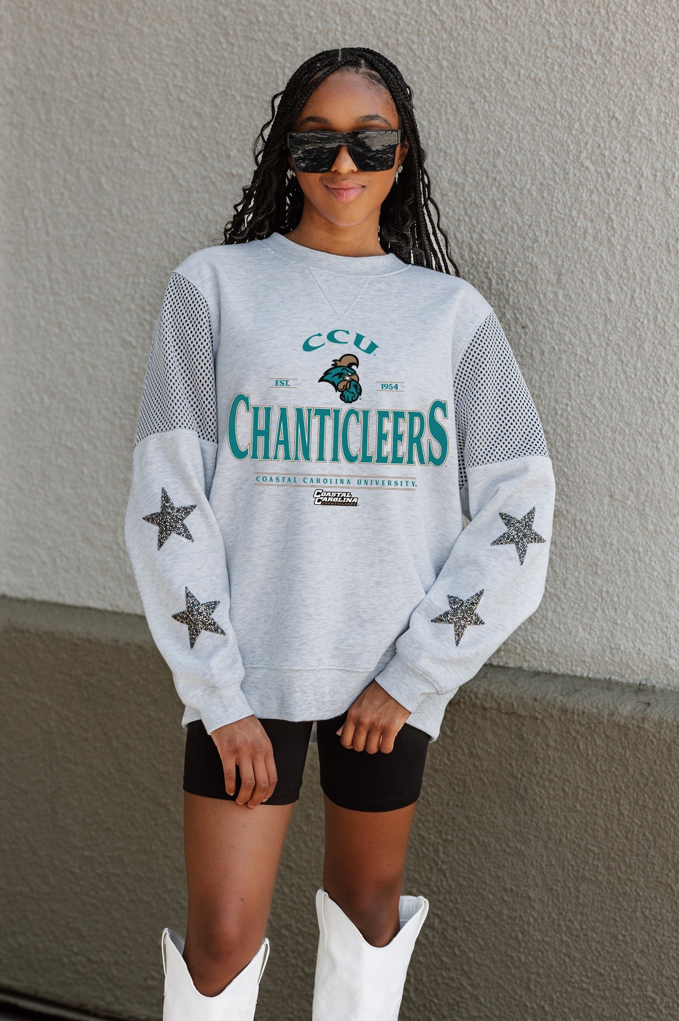 COASTAL CAROLINA CHANTICLEERS SWEET MOVES CREWNECK FLEECE WITH JERSEY MESH CONTRASTING SHOULDER INSERT