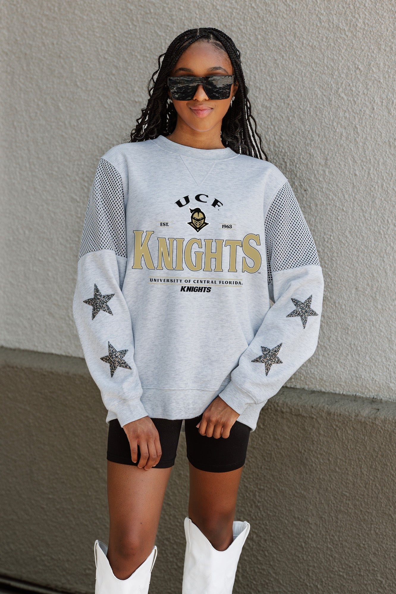 CENTRAL FLORIDA KNIGHTS SWEET MOVES CREWNECK FLEECE WITH JERSEY MESH CONTRASTING SHOULDER INSERT