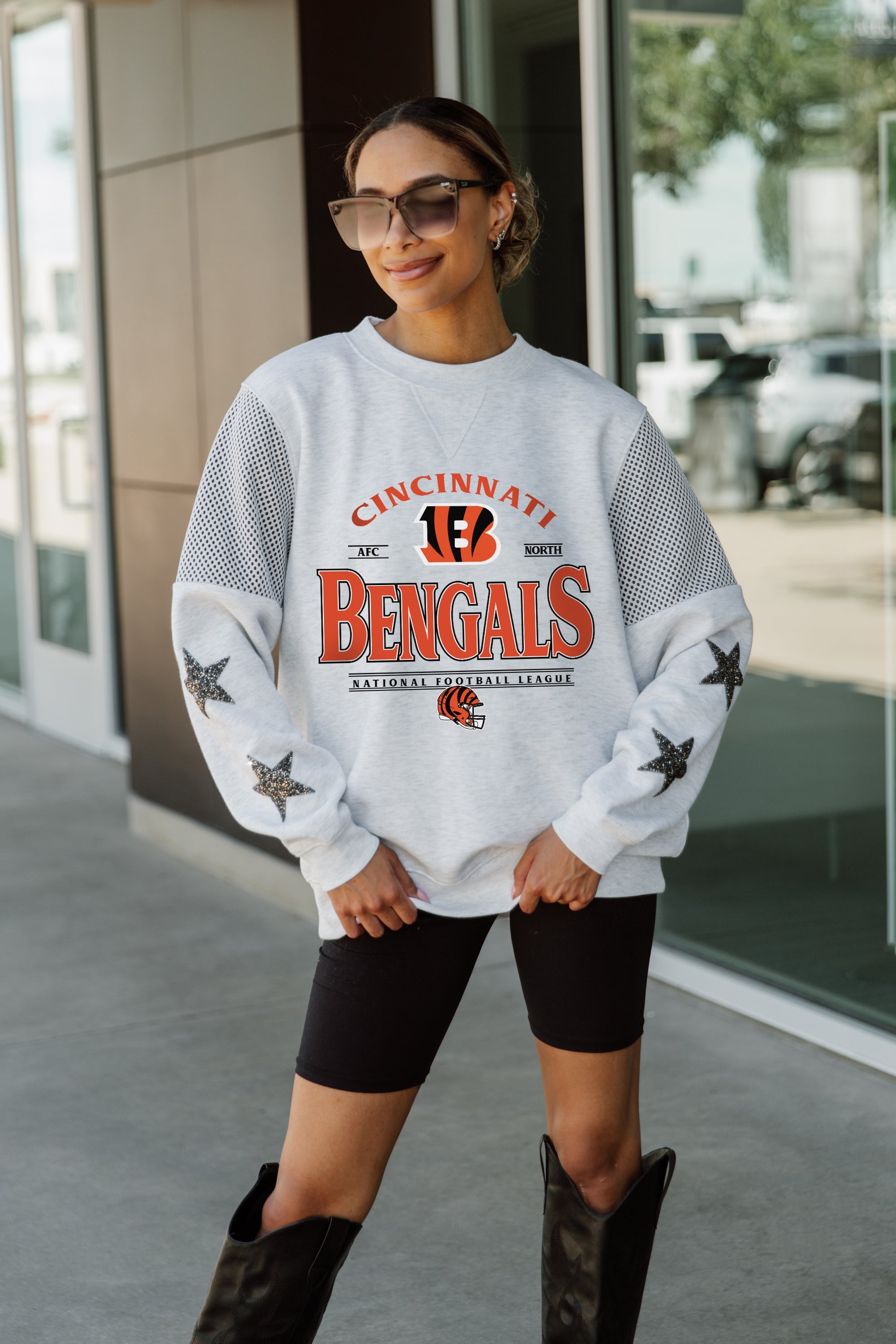 CINCINNATI BENGALS SWEET MOVES CREWNECK FLEECE WITH JERSEY MESH CONTRASTING SHOULDER INSERT