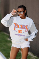 CLEMSON TIGERS SHINING SPIRIT CREWNECK FLEECE WITH JERSEY MESH CONTRASTING SHOULDER INSERT AND RIBBED CUFFS AND WAISTBAND