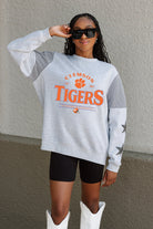 CLEMSON TIGERS SWEET MOVES CREWNECK FLEECE WITH JERSEY MESH CONTRASTING SHOULDER INSERT