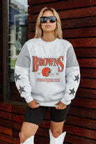 CLEVELAND BROWNS SHINING SPIRIT CREWNECK FLEECE WITH JERSEY MESH CONTRASTING SHOULDER INSERT