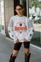 CLEVELAND BROWNS SWEET MOVES CREWNECK FLEECE WITH JERSEY MESH CONTRASTING SHOULDER INSERT