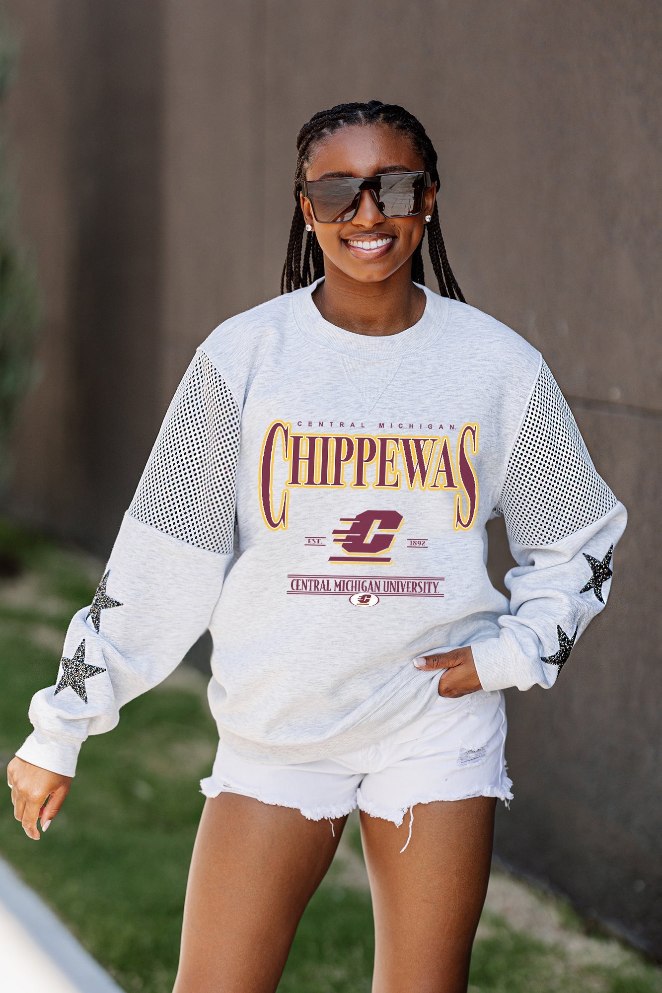 CENTRAL MICHIGAN CHIPPEWAS SHINING SPIRIT CREWNECK FLEECE WITH JERSEY MESH CONTRASTING SHOULDER INSERT AND RIBBED CUFFS AND WAISTBAND