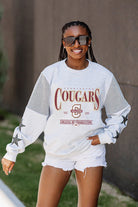 CHARLESTON COUGARS SHINING SPIRIT CREWNECK FLEECE WITH JERSEY MESH CONTRASTING SHOULDER INSERT AND RIBBED CUFFS AND WAISTBAND