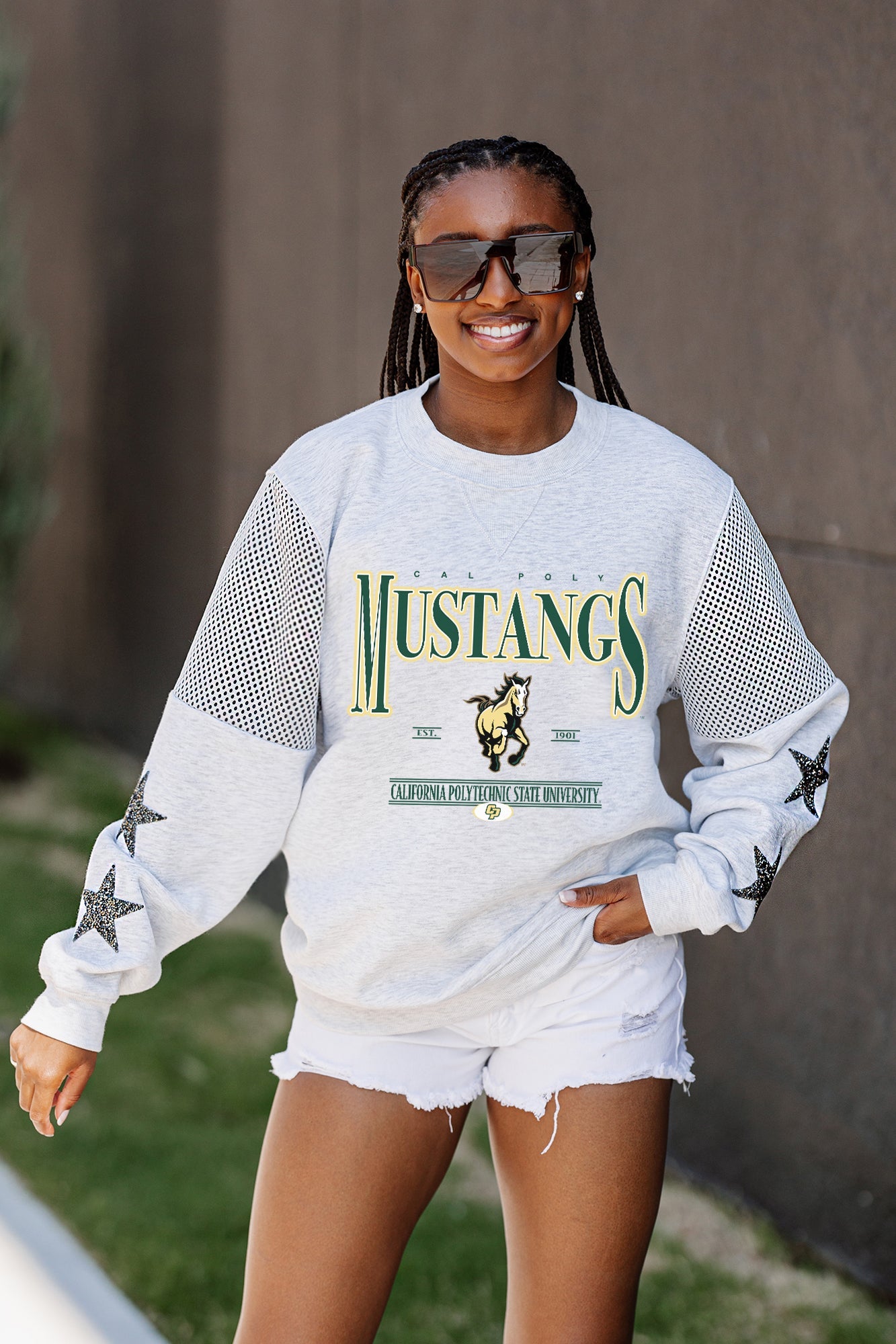 CAL POLY MUSTANGS SHINING SPIRIT CREWNECK FLEECE WITH JERSEY MESH CONTRASTING SHOULDER INSERT AND RIBBED CUFFS AND WAISTBAND