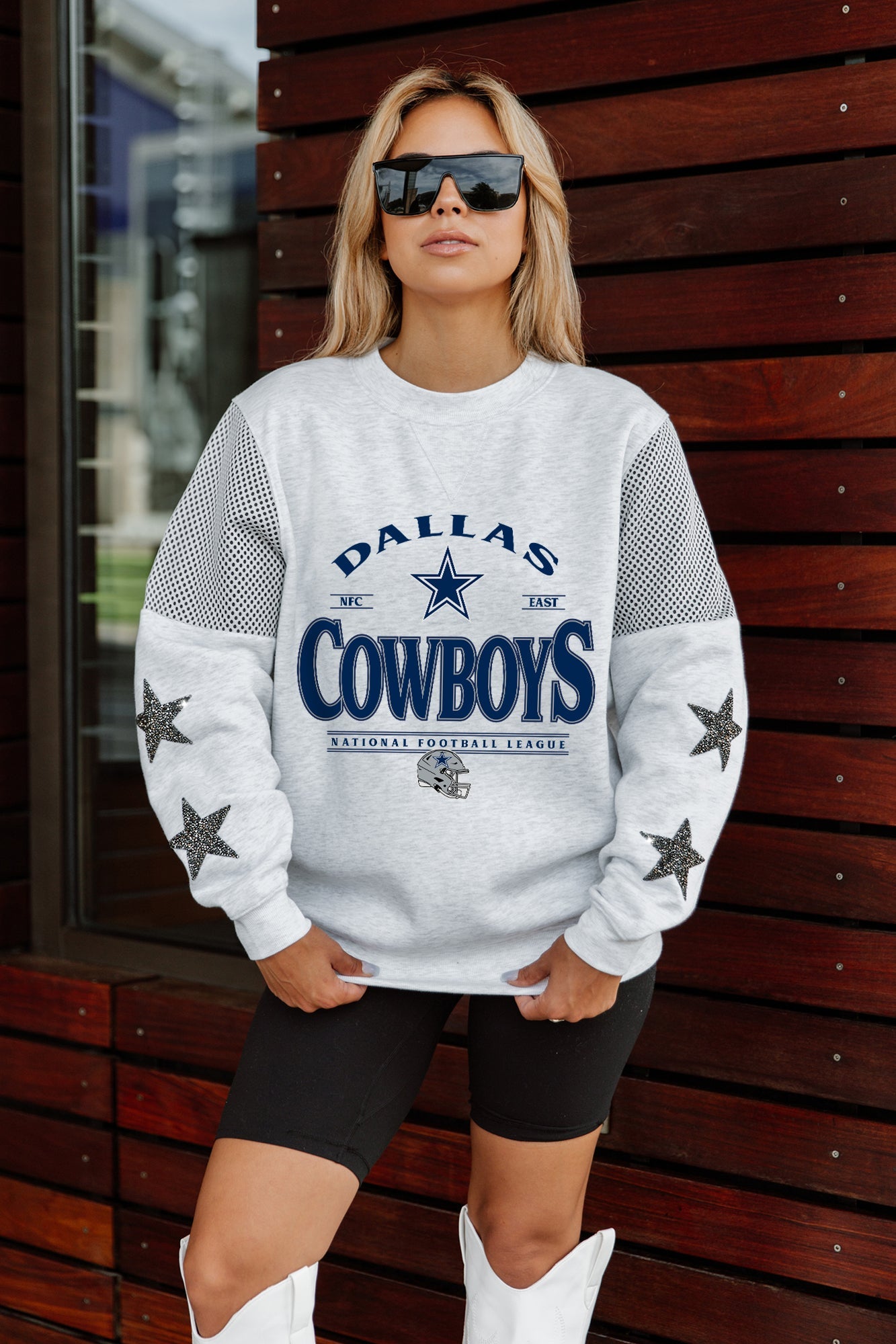 DALLAS COWBOYS SWEET MOVES CREWNECK FLEECE WITH JERSEY MESH CONTRASTING SHOULDER INSERT