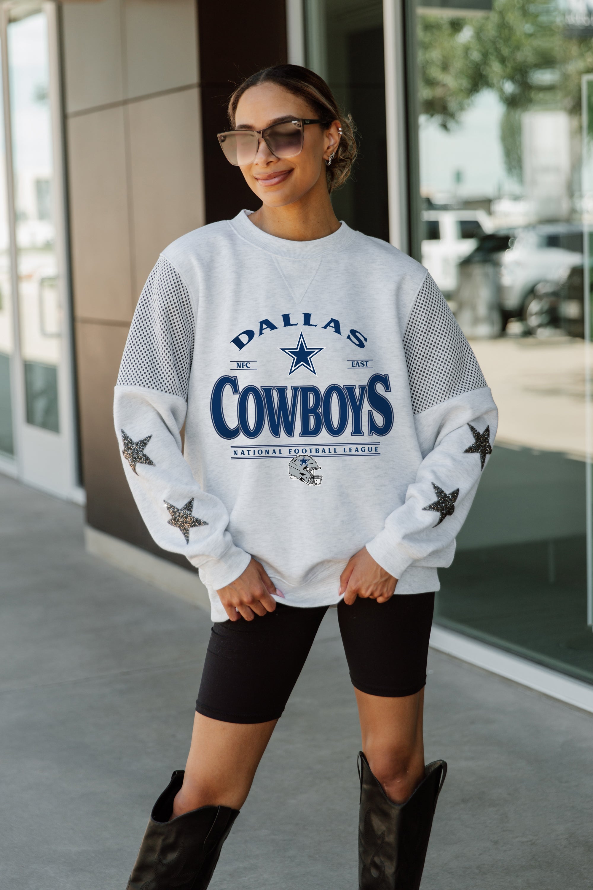 DALLAS COWBOYS SWEET MOVES CREWNECK FLEECE WITH JERSEY MESH CONTRASTING SHOULDER INSERT