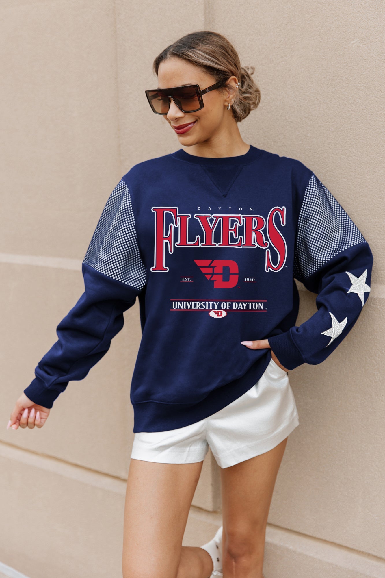 DAYTON FLYERS SHINING SPIRIT CREWNECK FLEECE WITH JERSEY MESH CONTRASTING SHOULDER INSERT AND RIBBED CUFFS AND WAISTBAND