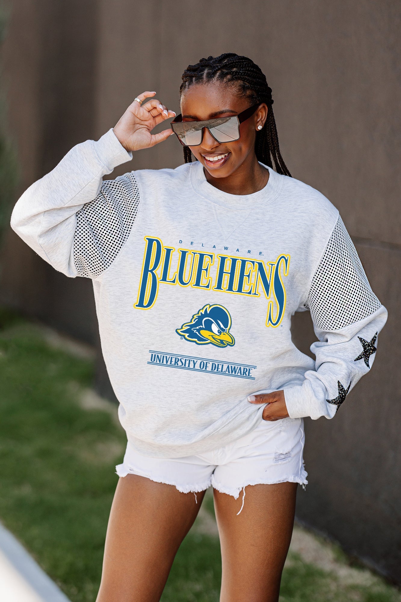 DELAWARE BLUE HENS SHINING SPIRIT CREWNECK FLEECE WITH JERSEY MESH CONTRASTING SHOULDER INSERT AND RIBBED CUFFS AND WAISTBAND