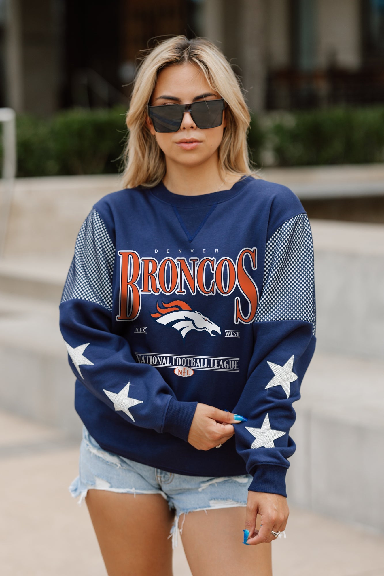 DENVER BRONCOS SHINING SPIRIT CREWNECK FLEECE WITH JERSEY MESH CONTRASTING SHOULDER INSERT