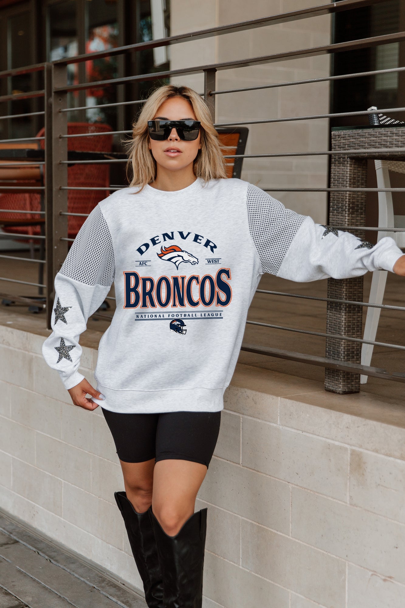 DENVER BRONCOS SWEET MOVES CREWNECK FLEECE WITH JERSEY MESH CONTRASTING SHOULDER INSERT