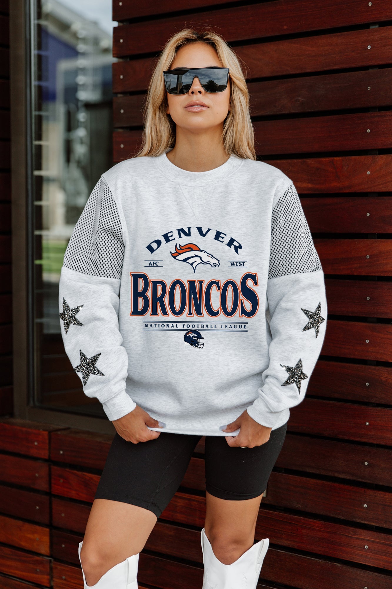 DENVER BRONCOS SWEET MOVES CREWNECK FLEECE WITH JERSEY MESH CONTRASTING SHOULDER INSERT