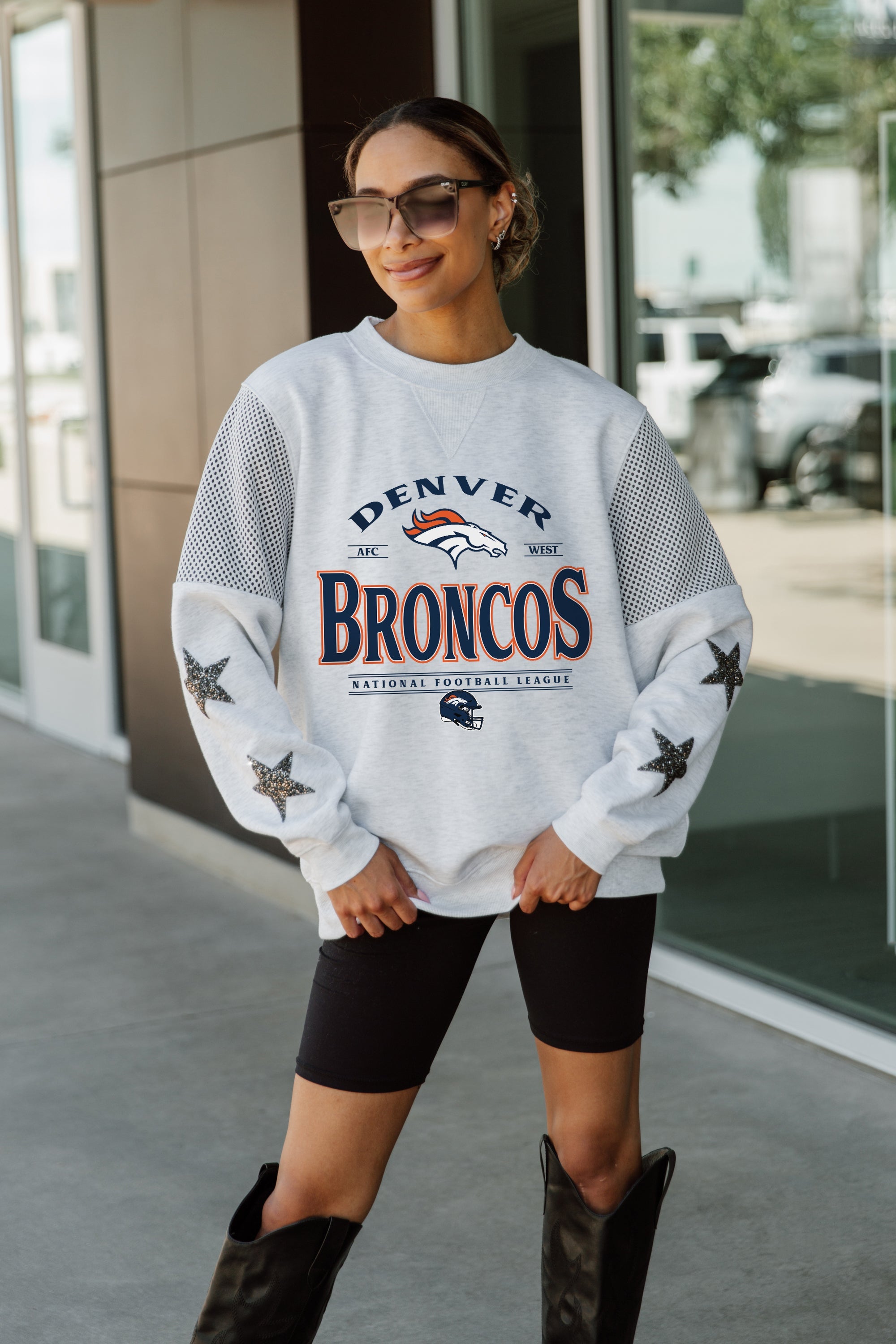 DENVER BRONCOS SWEET MOVES CREWNECK FLEECE WITH JERSEY MESH CONTRASTING SHOULDER INSERT