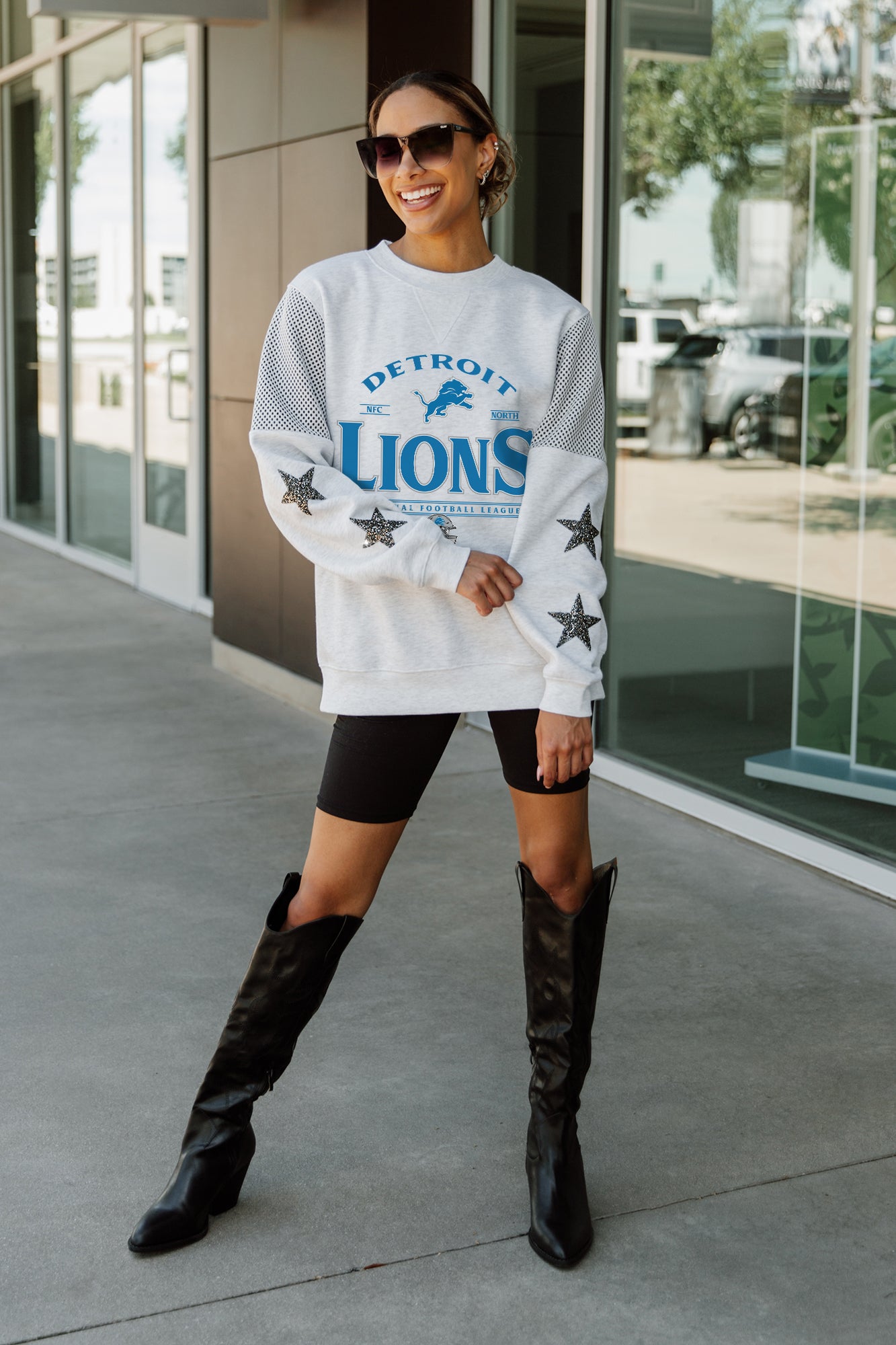 DETROIT LIONS SWEET MOVES CREWNECK FLEECE WITH JERSEY MESH CONTRASTING SHOULDER INSERT