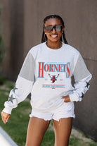 DELAWARE STATE HORNETS SHINING SPIRIT CREWNECK FLEECE WITH JERSEY MESH CONTRASTING SHOULDER INSERT AND RIBBED CUFFS AND WAISTBAND